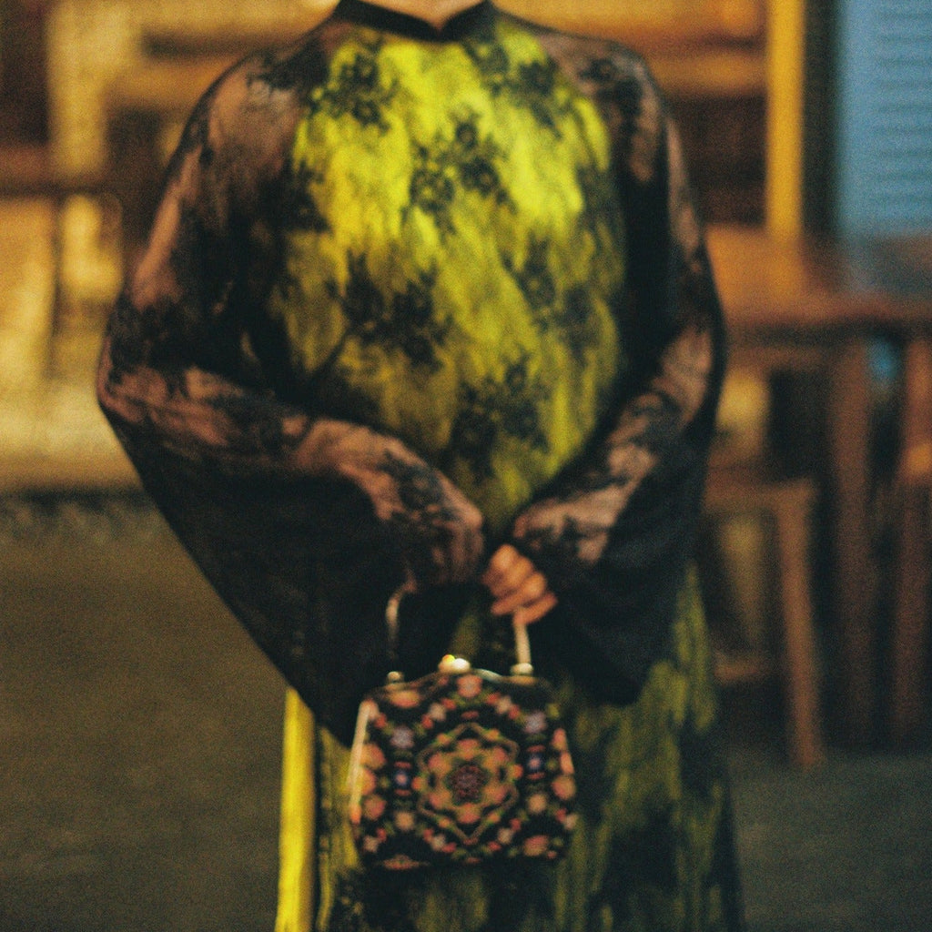 Liên Ảnh — Embroidered Viscose Handbag with Metal Handle in black - back view | Vietnamese Luxury Fashion