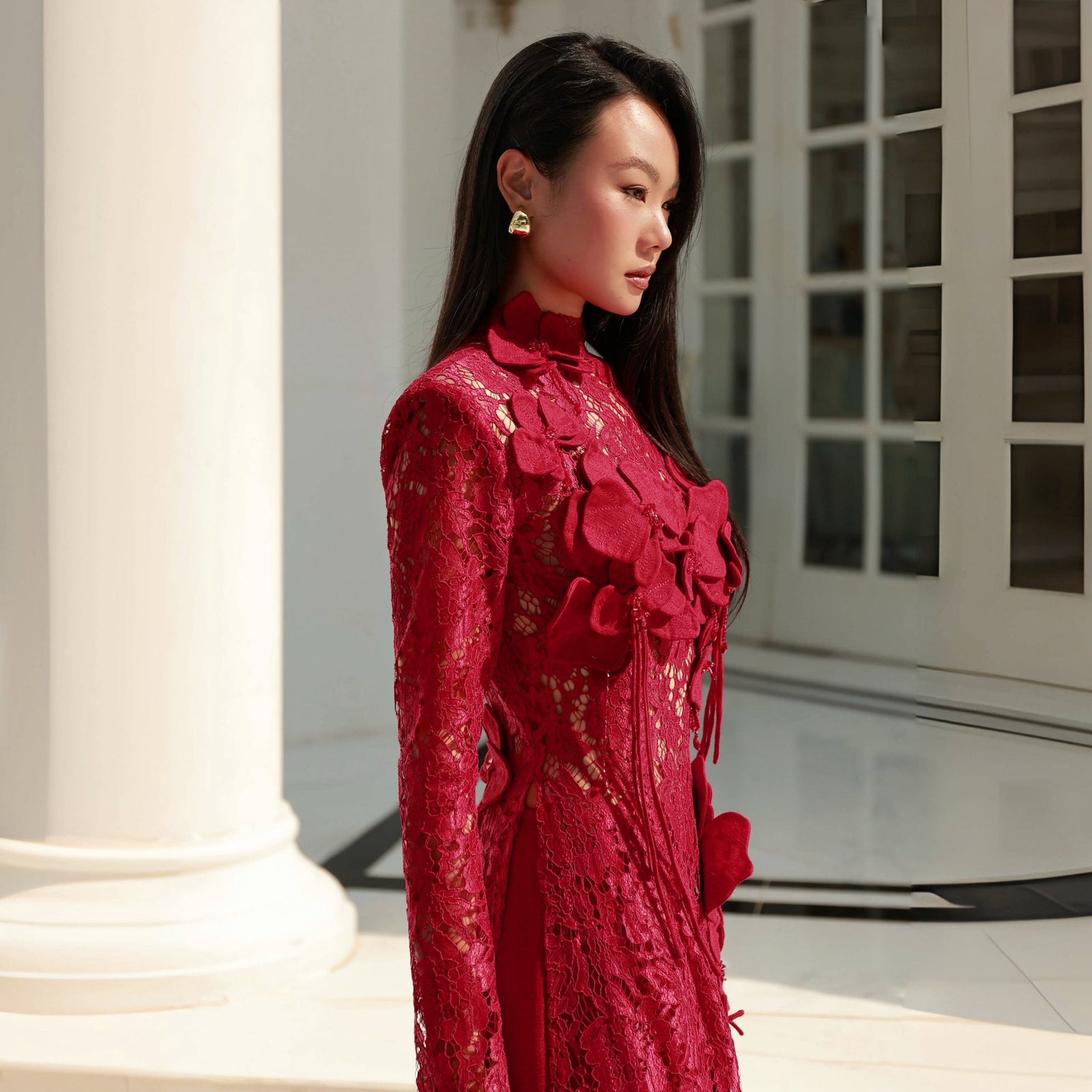[Limited Edition] Chu Sa Ao-dai Set - Luxury Lace with Handcrafted 3D-Orchids - side profile in red by Keira Tong