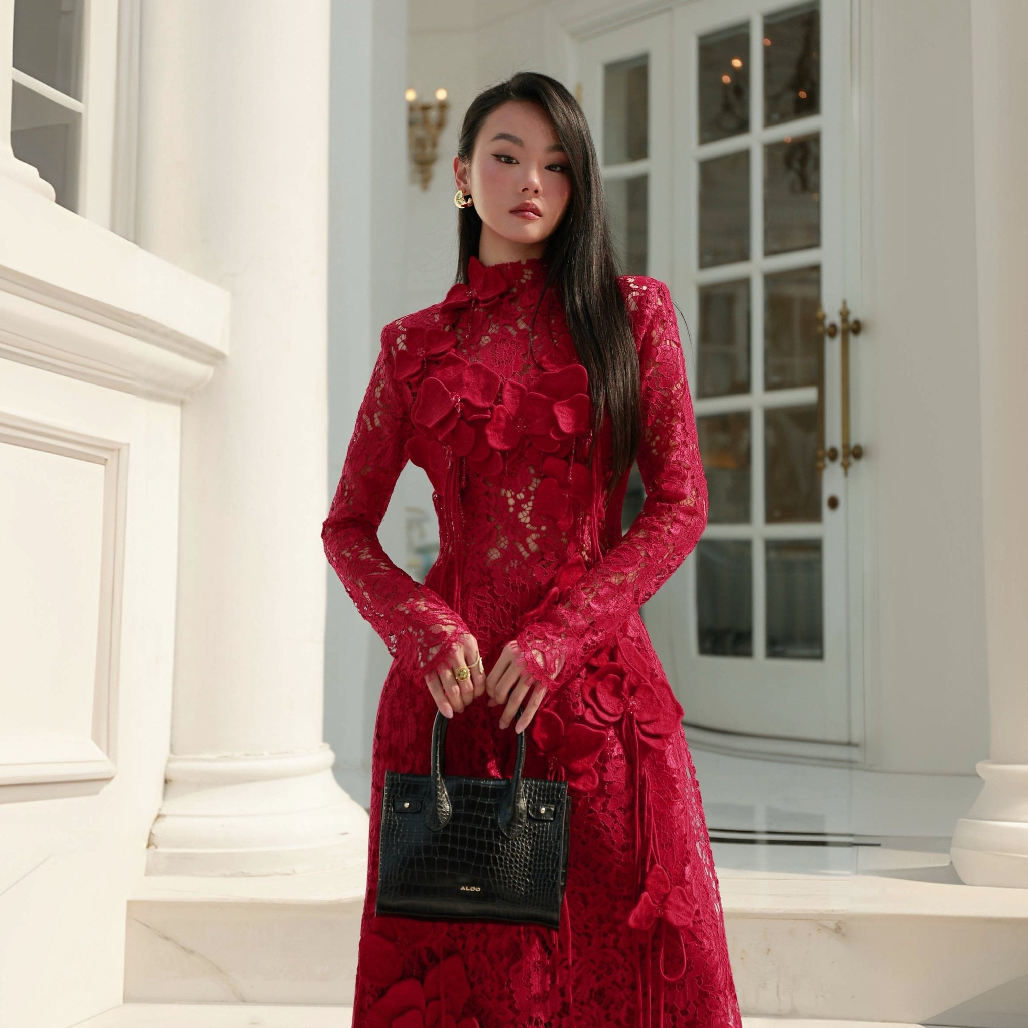 [Limited Edition] "Chu Sa" Ao-dai Set - Luxury Lace with Handcrafted 3D-Orchids - front view | Vietnamese Luxury Fashion
