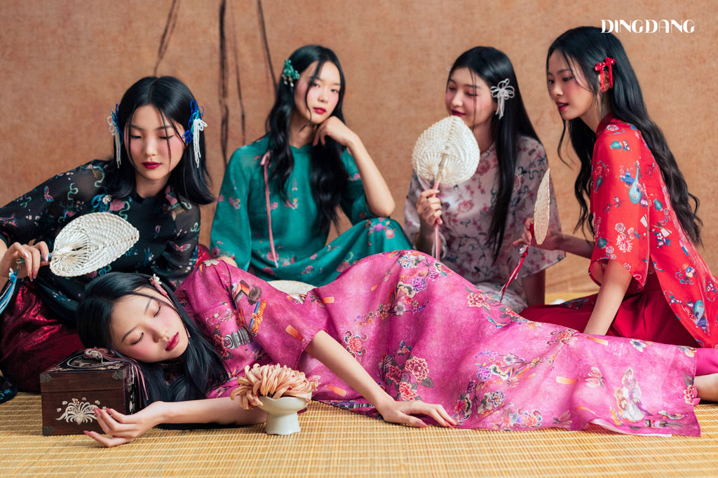 "Phúc Dao" Ao-dai Top - Printed Chiffon in Red - lifestyle shot | Vietnamese Luxury Fashion