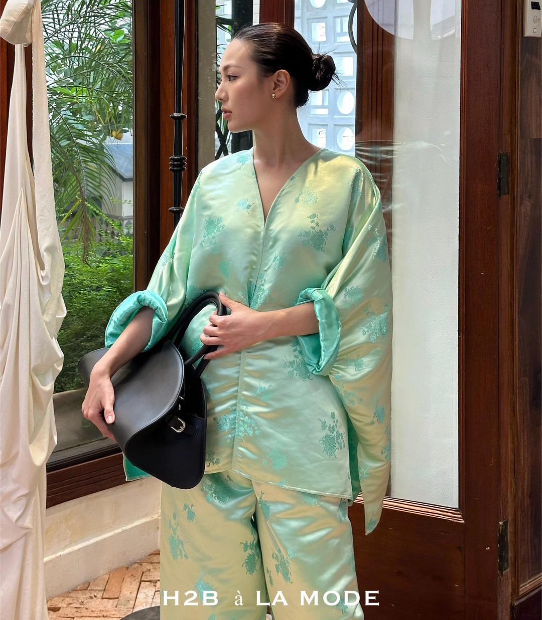 "Rita" Modernized Bà Ba Set - Brocade Silk in Green