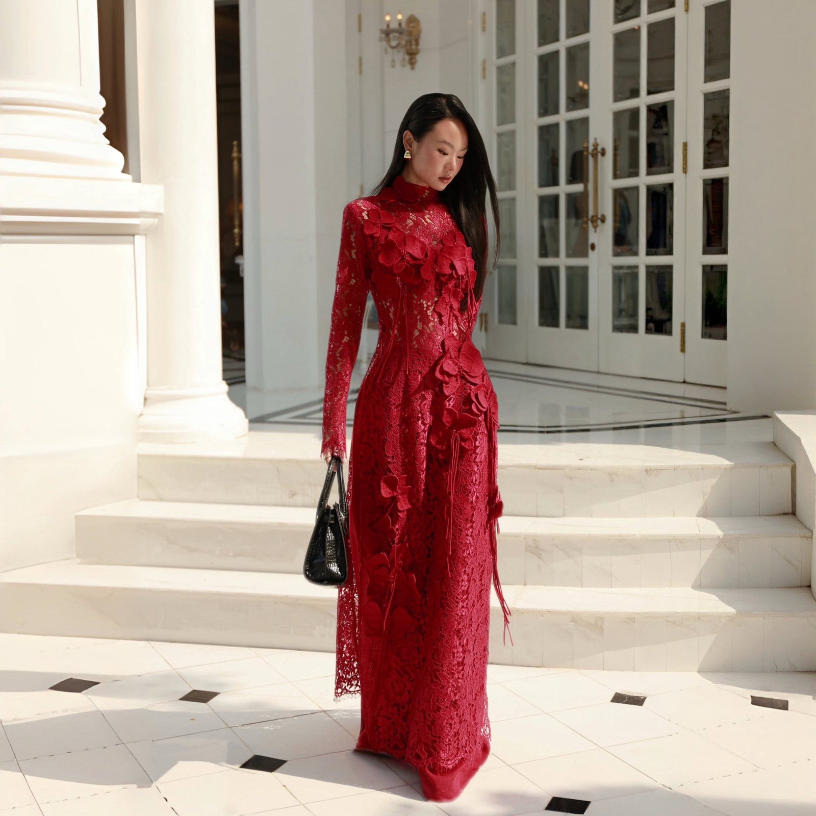 [Limited Edition] Chu Sa Ao-dai Set - Luxury Lace with Handcrafted 3D-Orchids - front view by Keira Tong