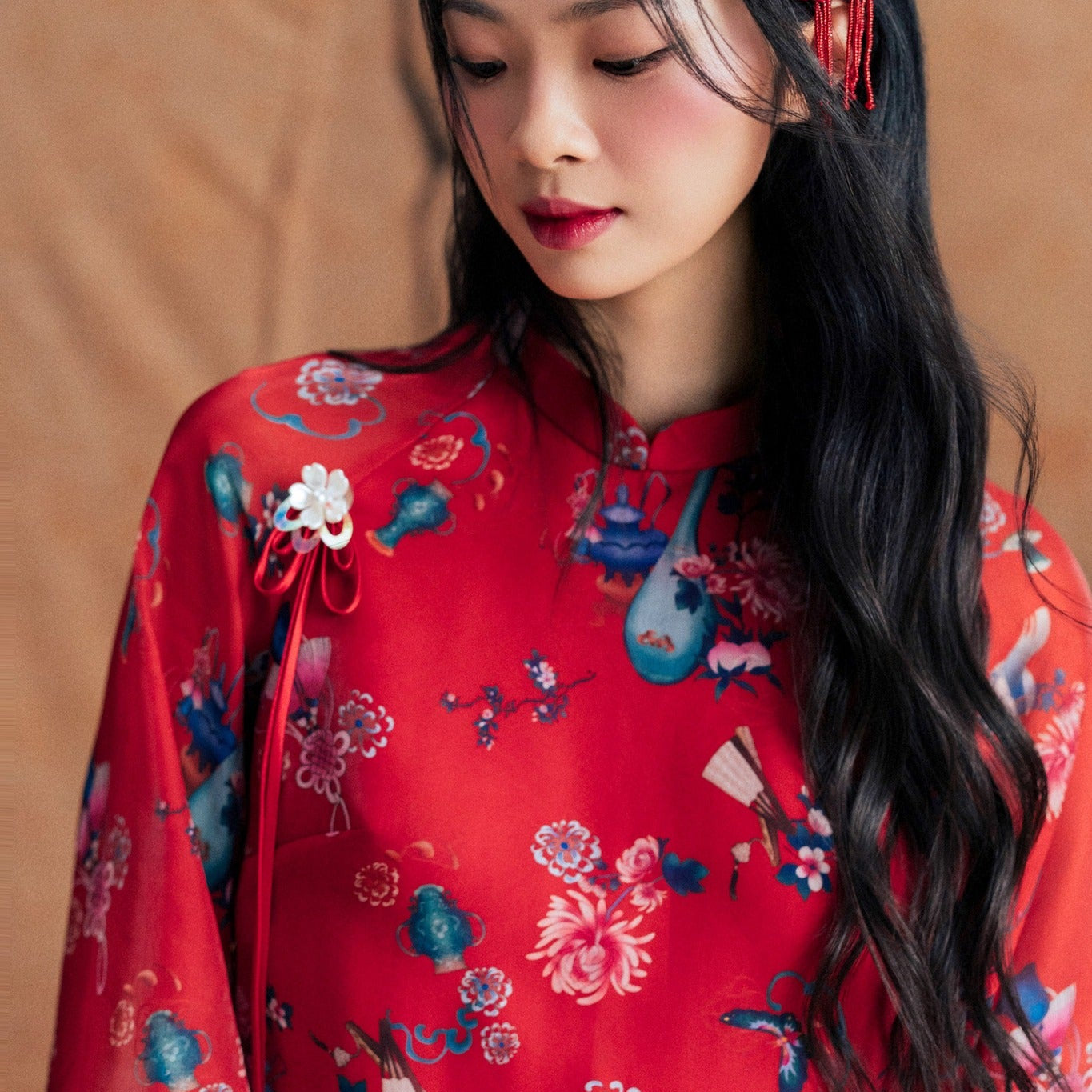 Vietnamese Embroidery - Phúc Dao Ao-dai Top - Printed Chiffon - front view in silk in red by Dinh Dang