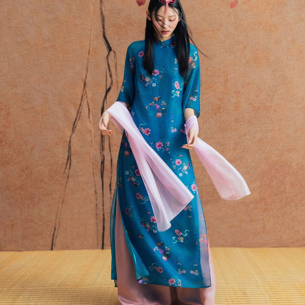 Vietnamese Ao Dai - Ngoc Dao Ao-Dai Top - Printed Chiffon - front view in silk in blue by Dinh Dang