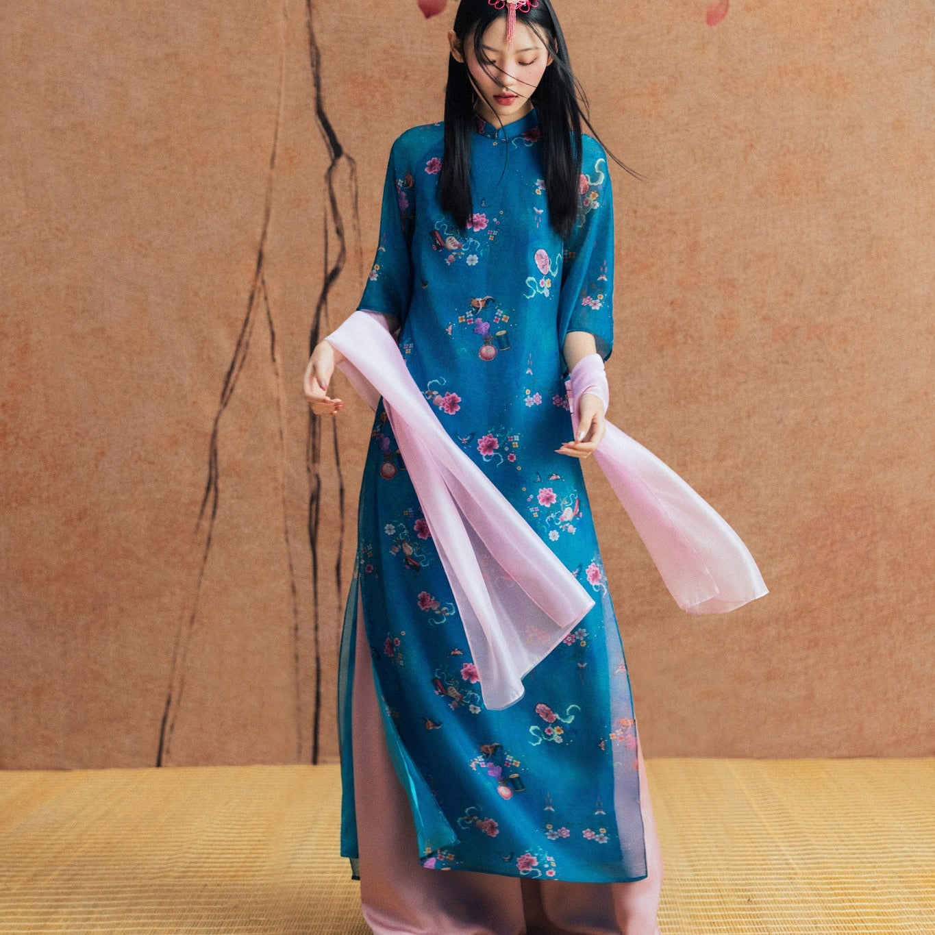 "Ngoc Dao" Ao-Dai Top - Printed Chiffon in Blue - front view | Vietnamese Luxury Fashion