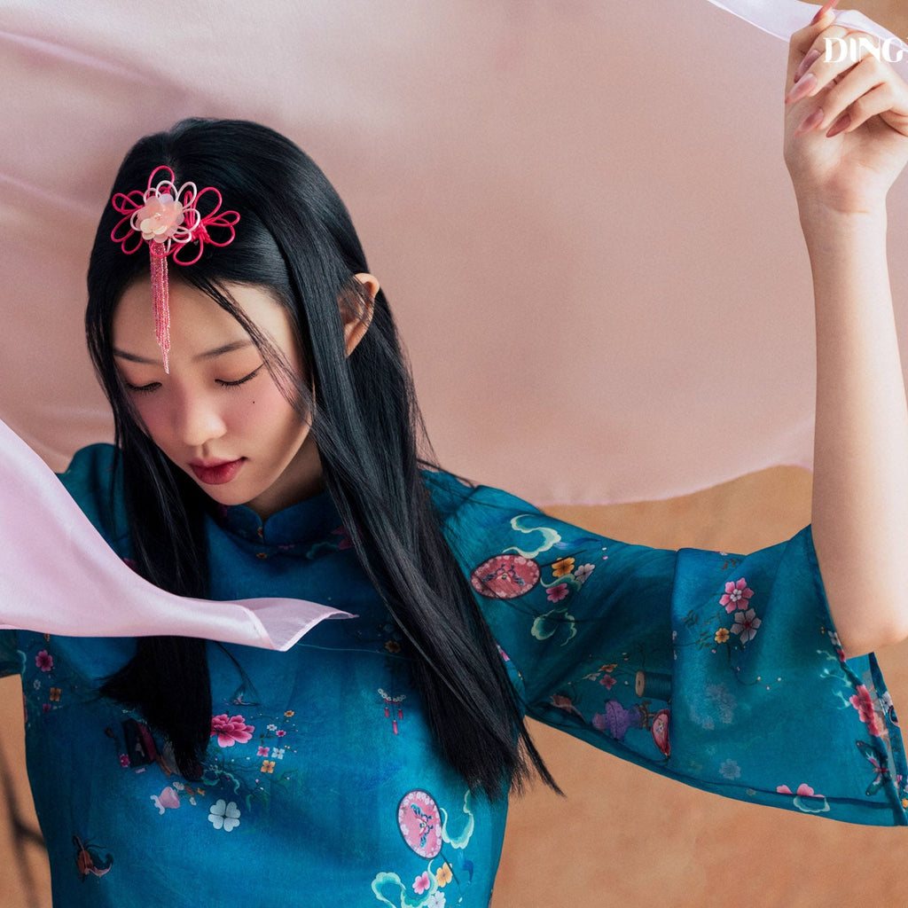 Vietnamese Ao Dai - Ngoc Dao Ao-Dai Top - Printed Chiffon - front view in silk in blue by Dinh Dang