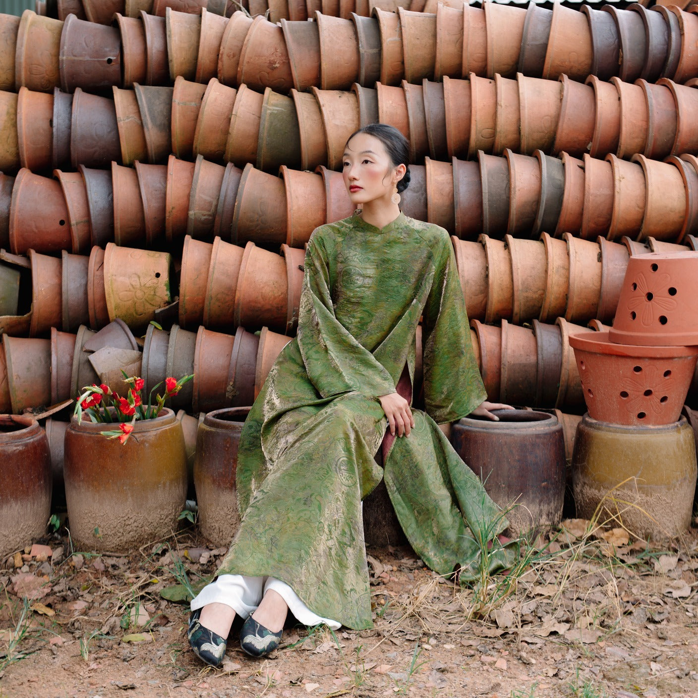 Hoa Mộc Lan Ao-dai Set - Tencel Silk with Magnolia pattern in Moss [Modern Cut] - styled presentation by Moc