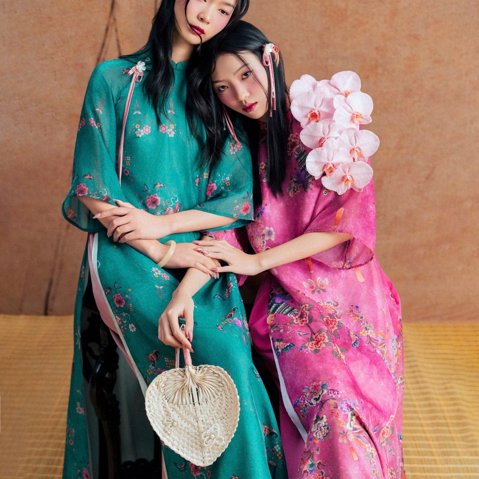 Vietnamese Ao Dai - Thanh Dao Ao-Dai Top - Printed Chiffon - styled presentation in silk in green by Dinh Dang