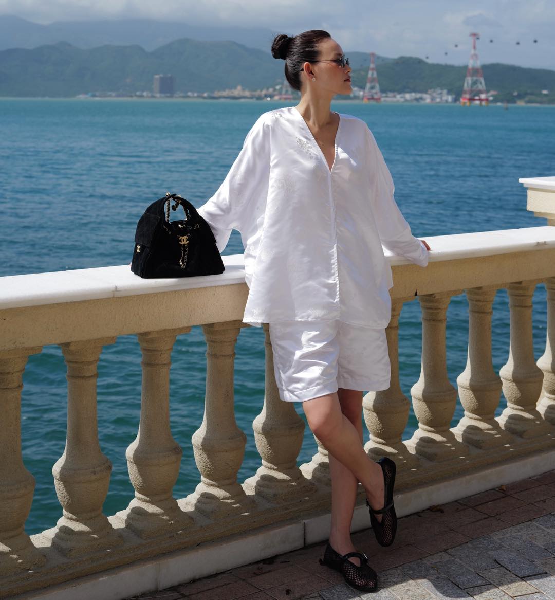 "Rita" Short Modernized Bà Ba Set - Brocade Silk in Pearl Ivory