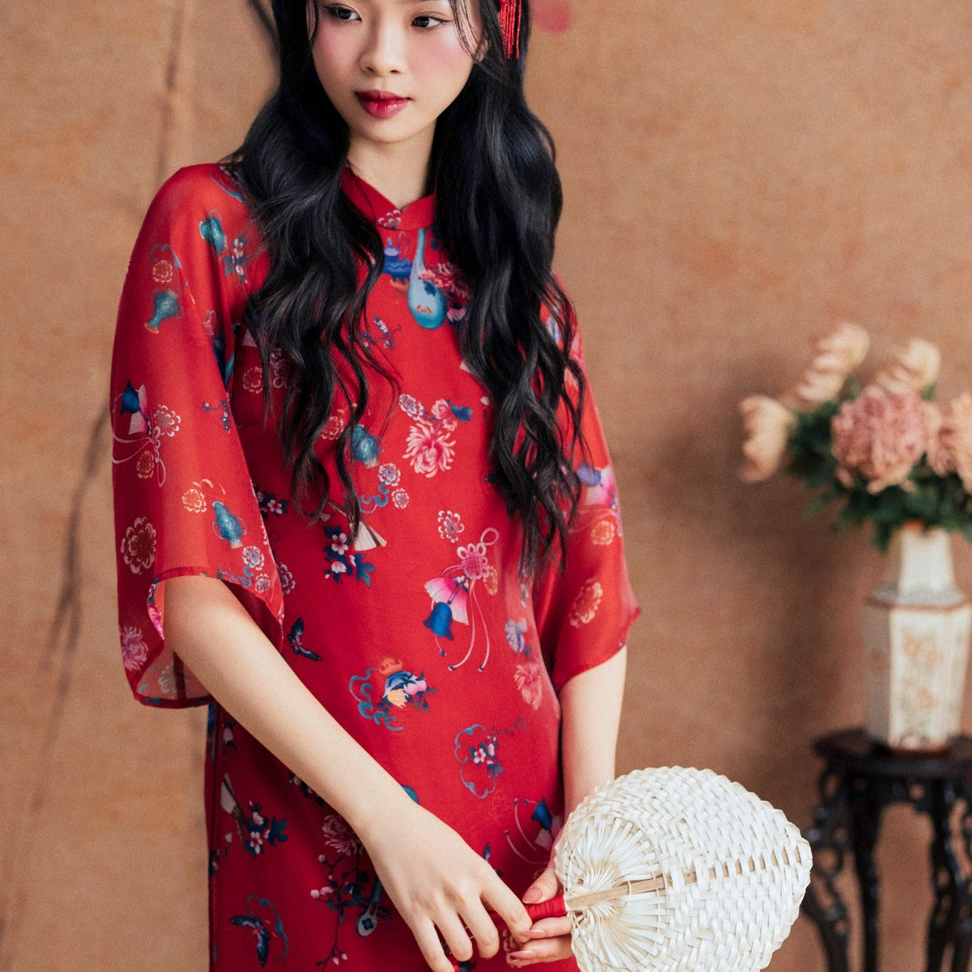 Vietnamese Embroidery - Phúc Dao Ao-dai Top - Printed Chiffon - front view in silk in red by Dinh Dang