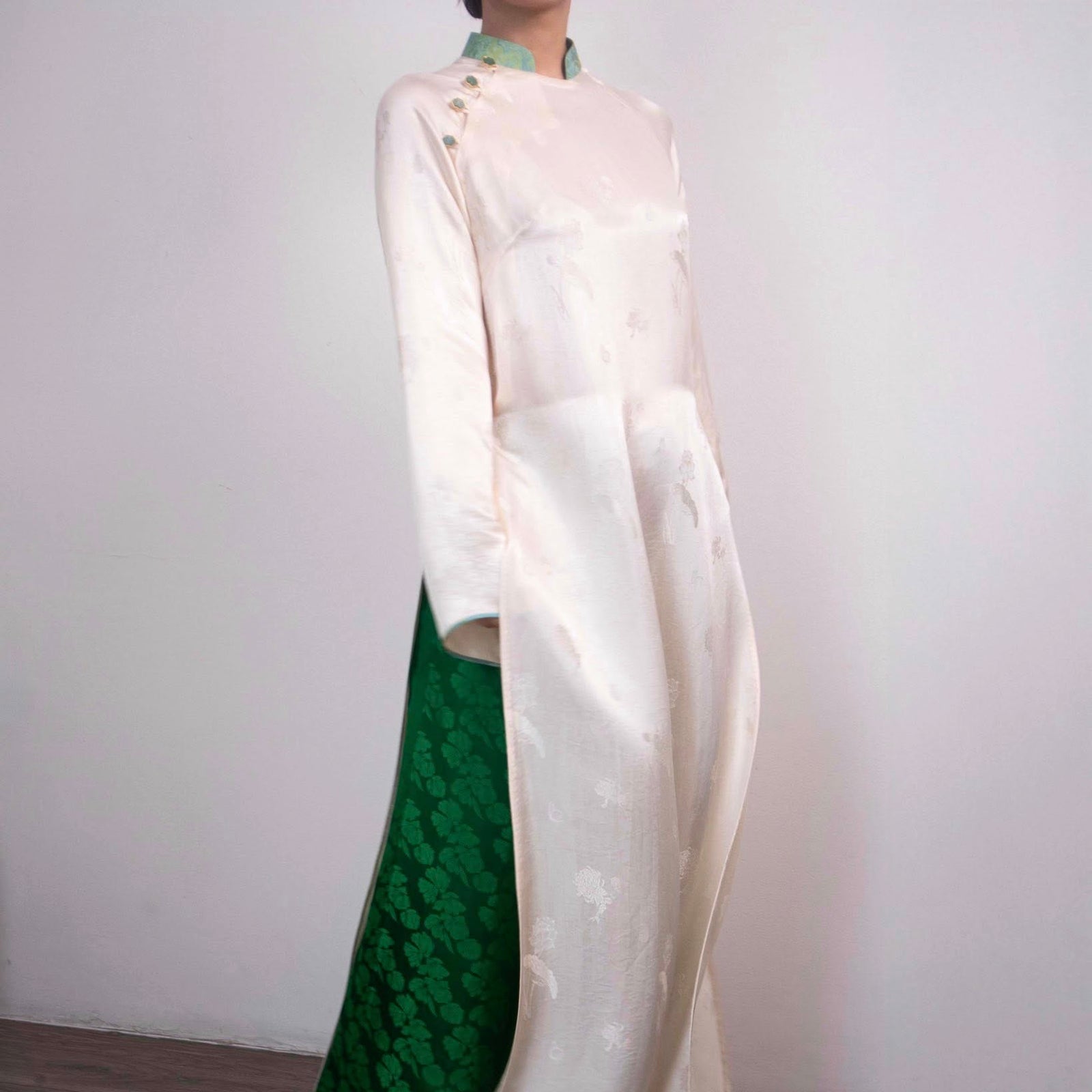 Vietnamese Ao Dai - Ivory Canopy Ao-dai Set - Premium Wormsilk - side profile in white by Lo Boutique