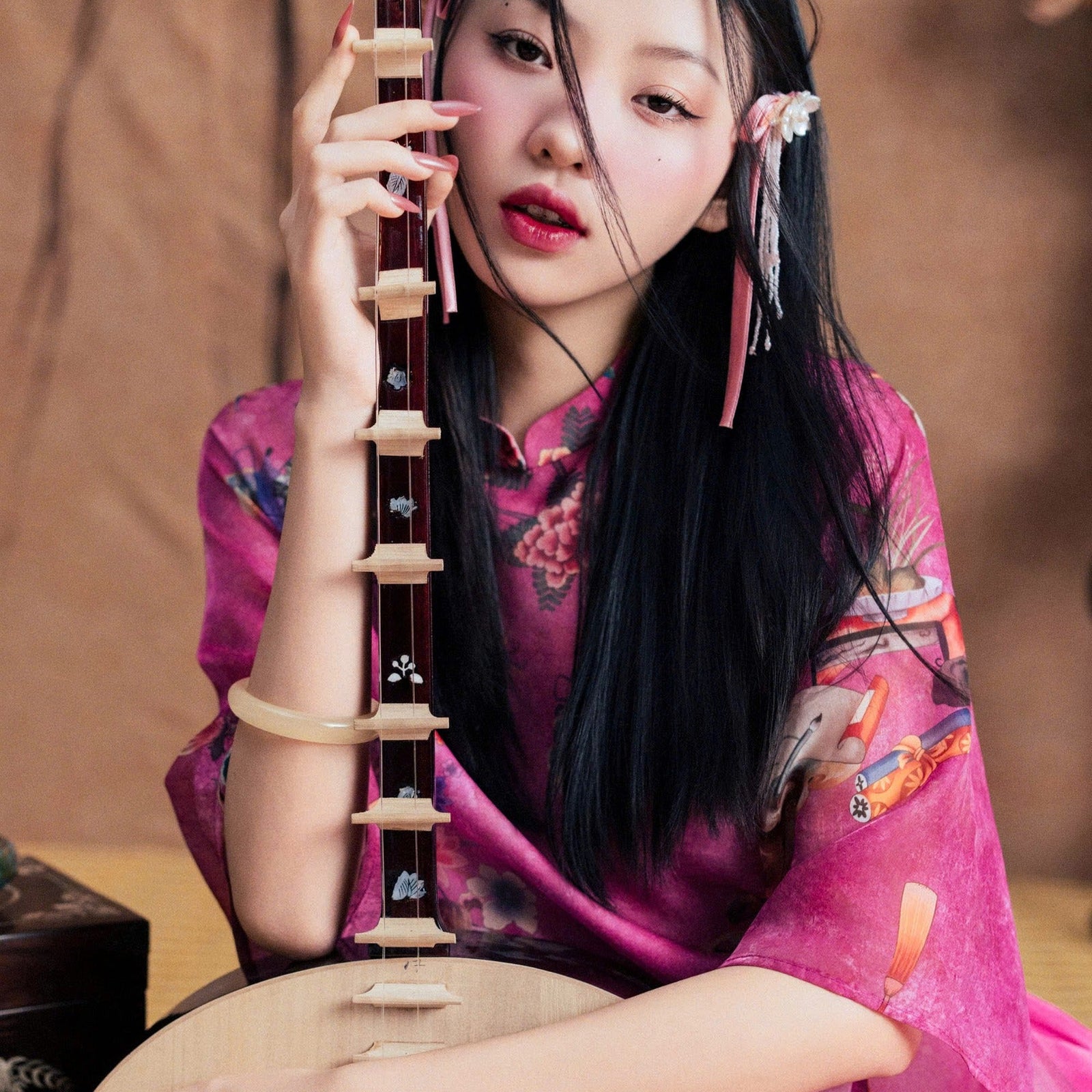 Vietnamese Ao Dai - Hồng Dao Ao-dai Top - Printed Chiffon in Bright Pink - detail close-up in silk in pink by Dinh Dang