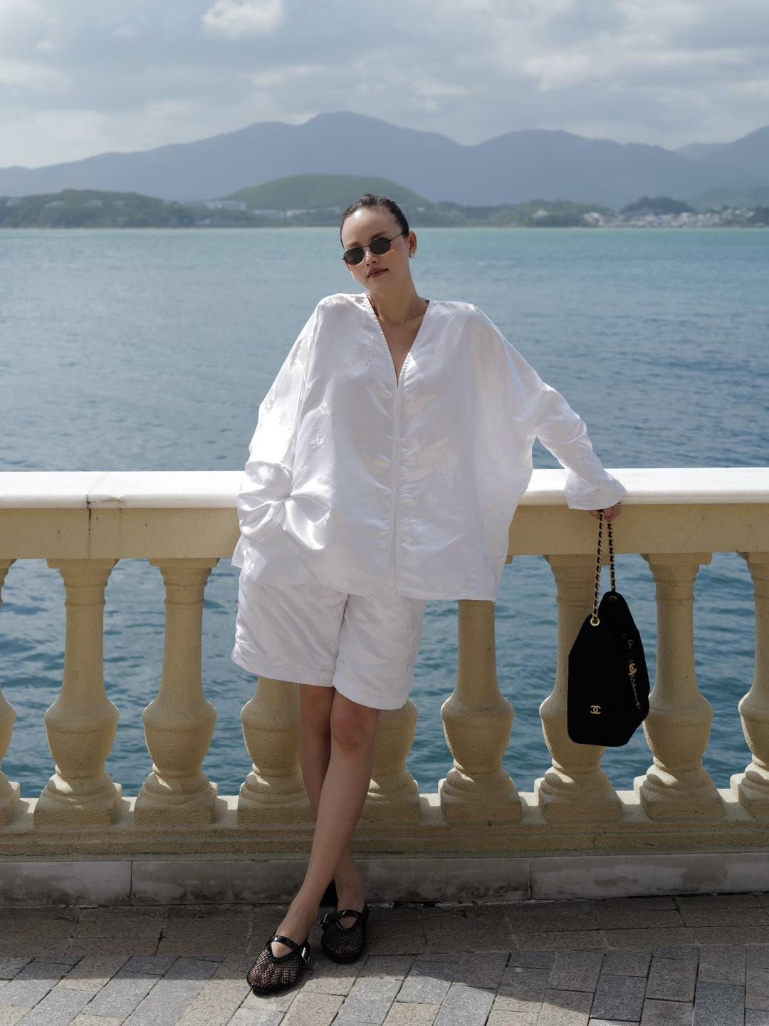 "Rita" Short Modernized Bà Ba Set - Brocade Silk in Pearl Ivory