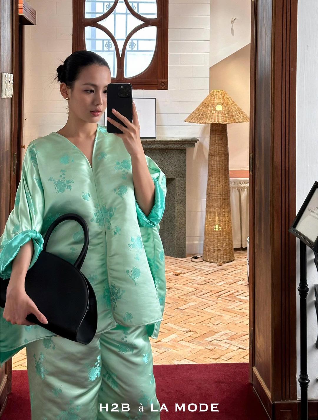 "Rita" Modernized Bà Ba Set - Brocade Silk in Green