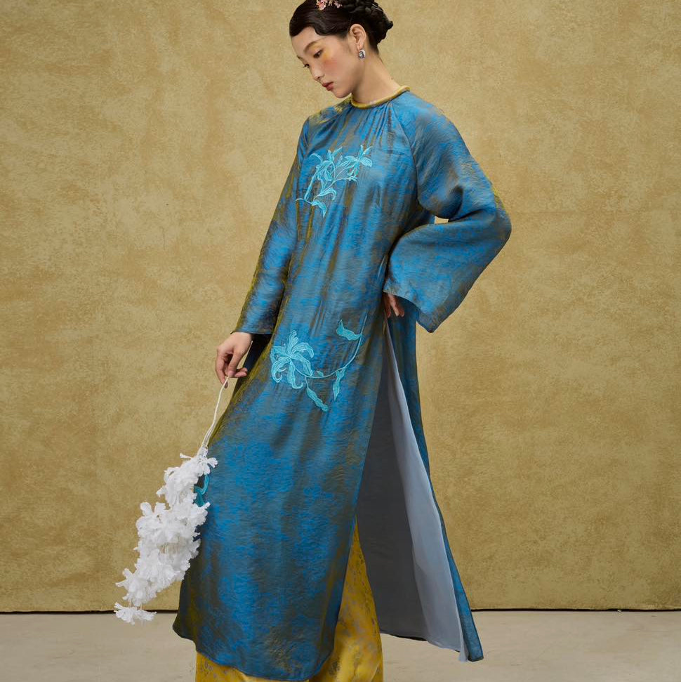 "Luu Ly" Ao Dai Set - Hangzhou Tencel Silk with Embroidery in Cobalt - back view | Vietnamese Luxury Fashion