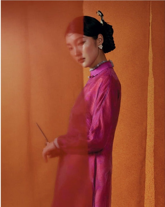 Vietnamese Ao Dai - Thu Khue Ao Dai Set – Doubled Layers in Lace and Wormsilk - side profile in pink by Lalin