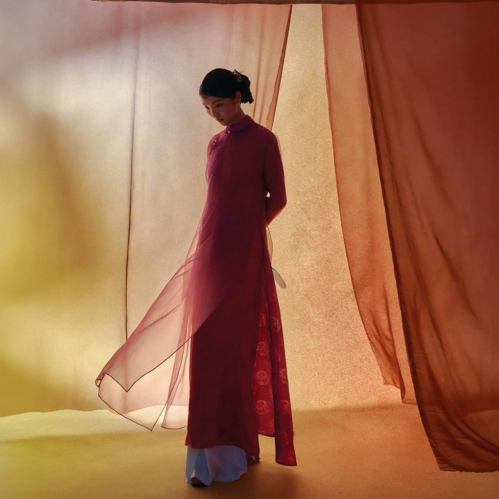 Vietnamese Ao Dai - Thu Khue Ao Dai Set – Doubled Layers in Lace and Wormsilk - side profile in pink by Lalin