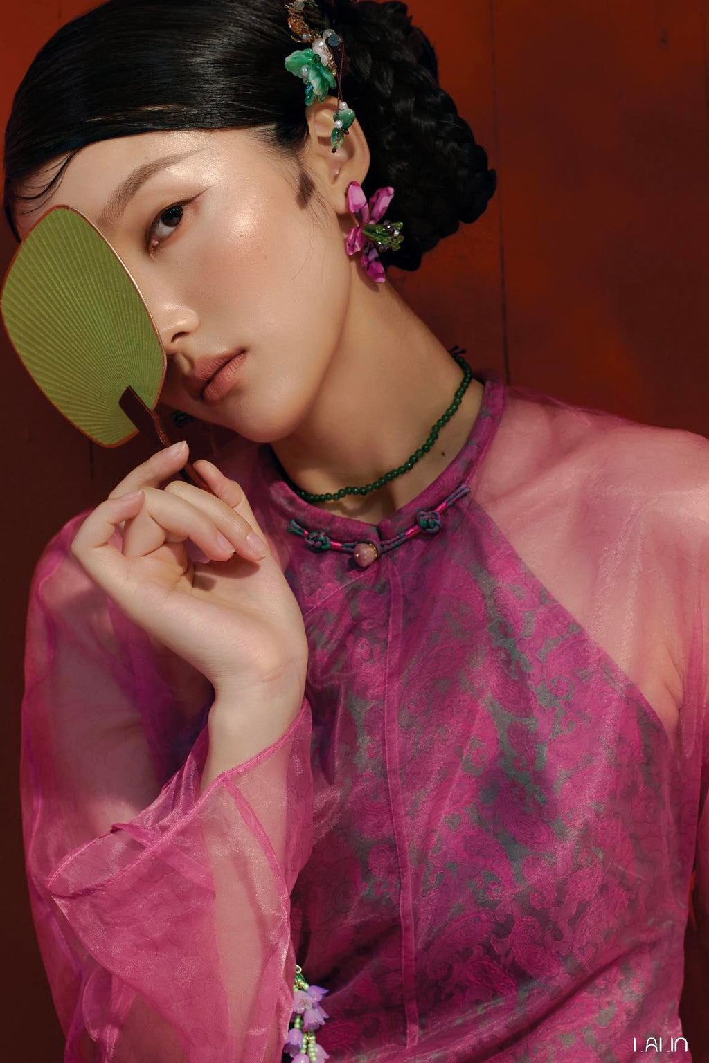 Vietnamese Ao Dai - Mai Khue Ao Dai Set – Doubled Layer in Premium Organza and Wormsilk - front view in pink by Lalin