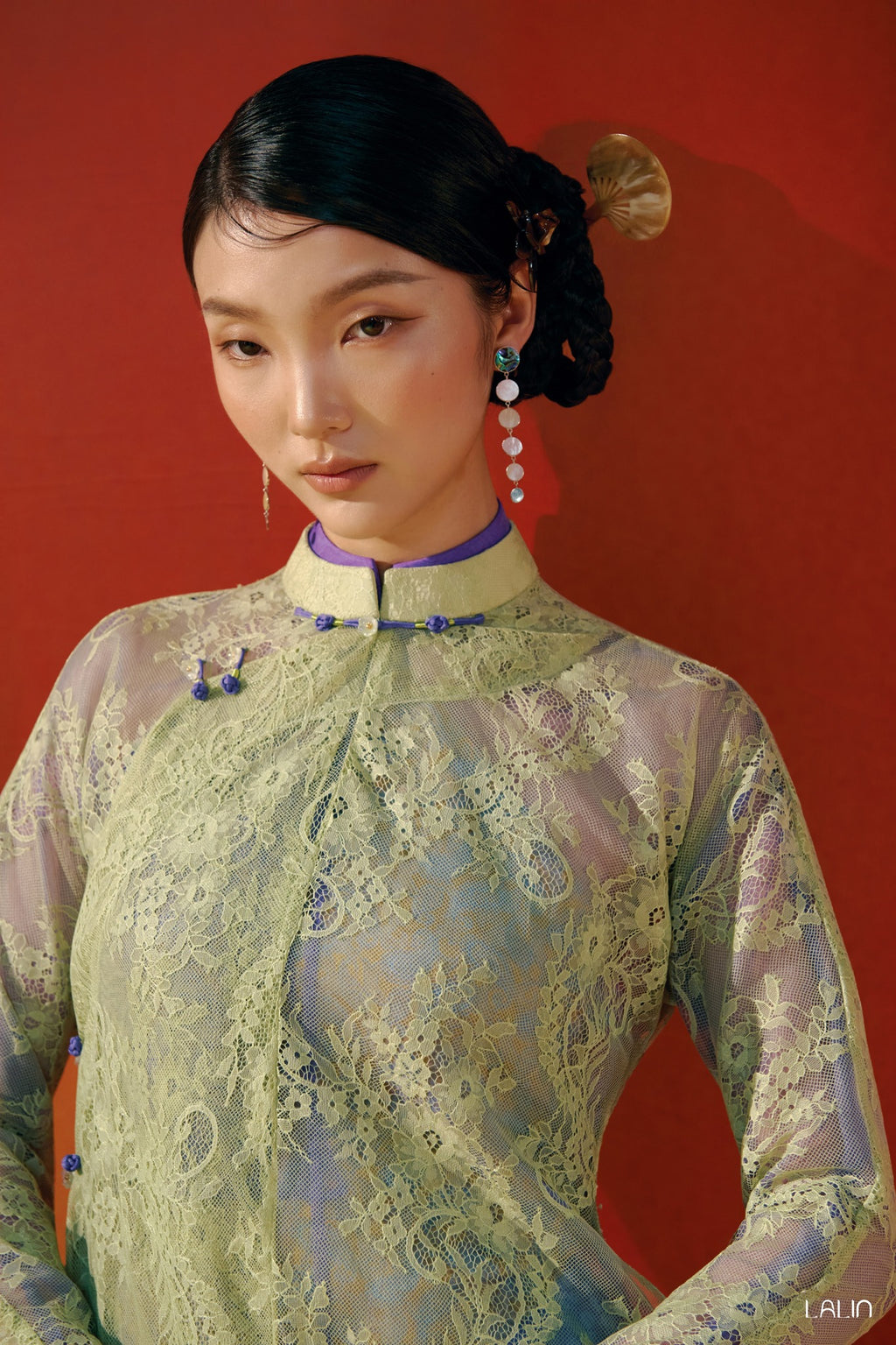 Vietnamese Ao Dai - Khue Ngan Ao Dai Set – Doubled Layers in Lace and Wormsilk - front view in light green by Lalin