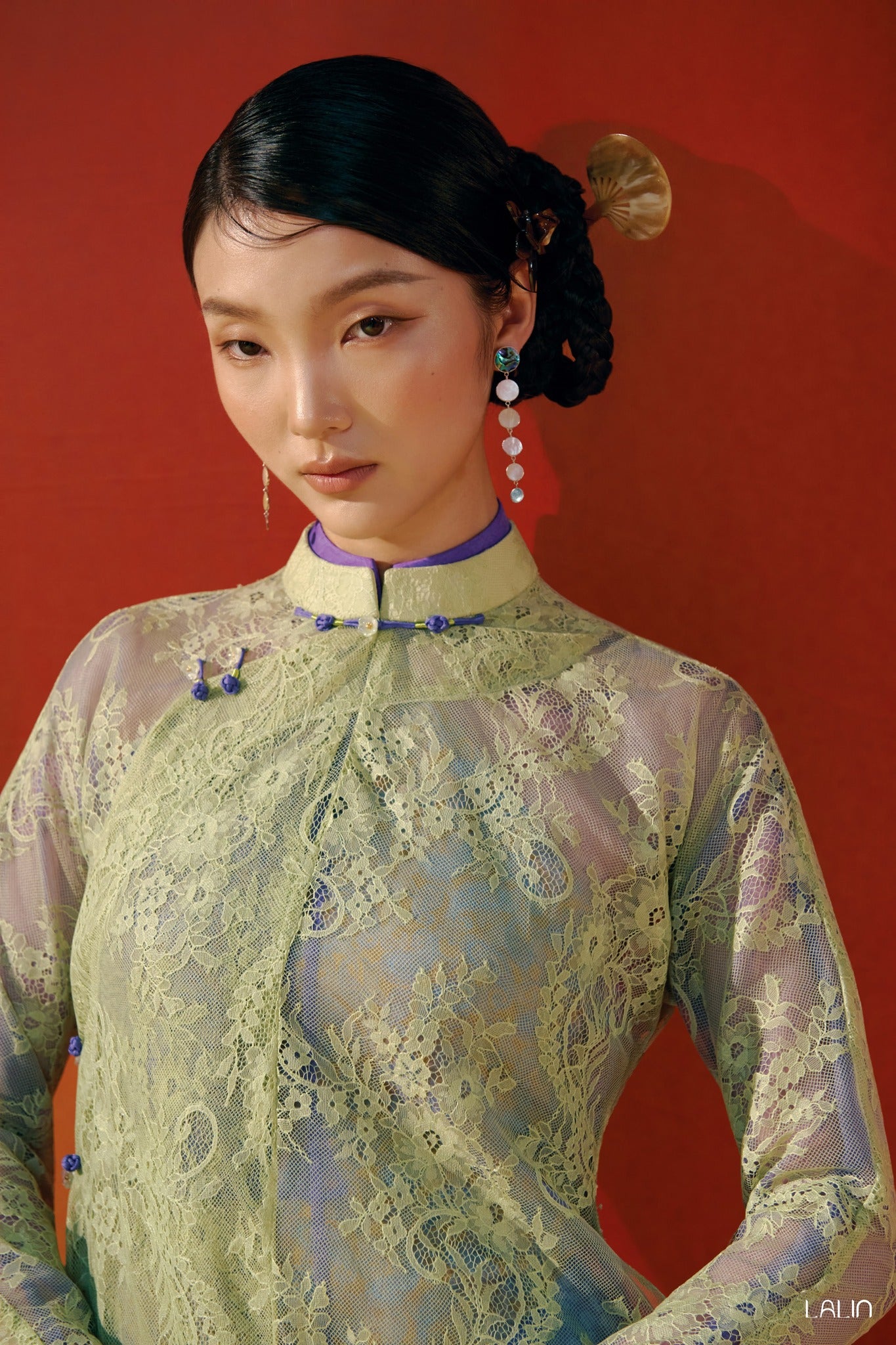 Vietnamese Ao Dai - Khue Ngan Ao Dai Set – Doubled Layers in Lace and Wormsilk - front view in light green by Lalin