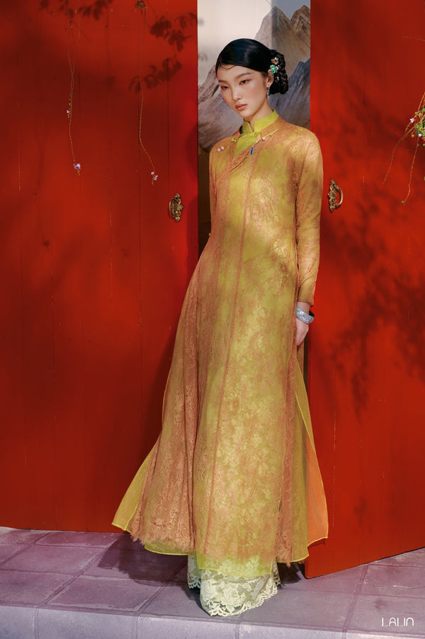 Vietnamese Ao Dai - Khue Anh Ao Dai Set – Doubled Layers in Lace and Wormsilk - front view in yellow by Lalin