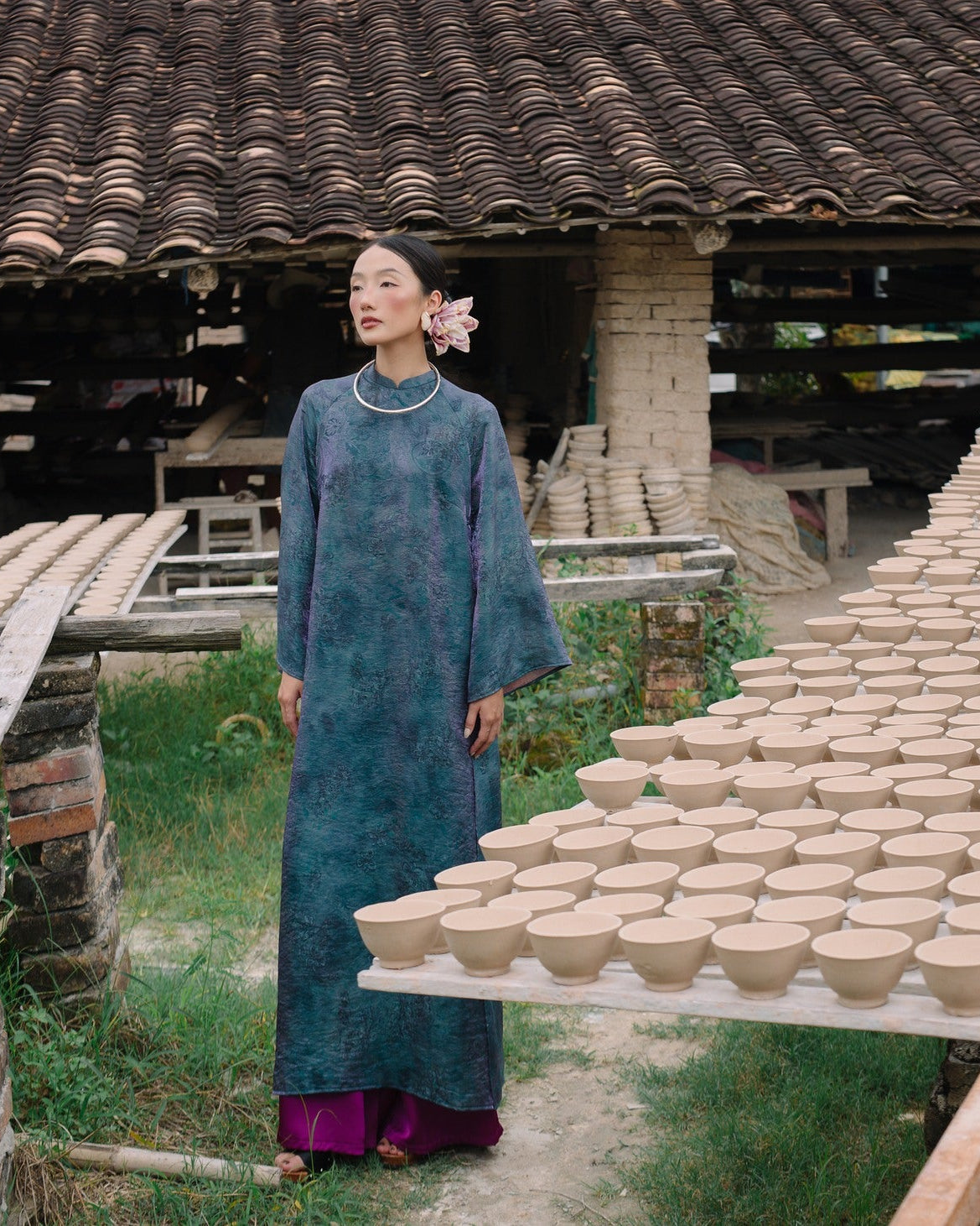 Hoa Mộc Lan Ao-dai Set - Tencel Silk with Magnolia pattern Indigo Lotus [Modern Cut] - styled presentation by Moc