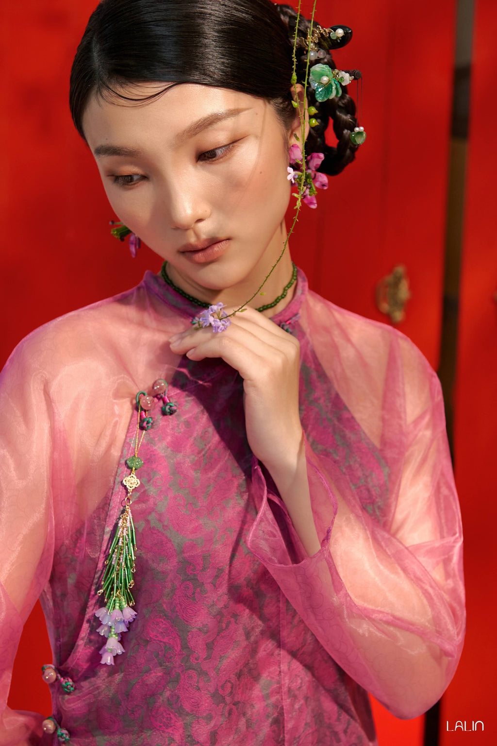 Vietnamese Ao Dai - Mai Khue Ao Dai Set – Doubled Layer in Premium Organza and Wormsilk - front view in pink by Lalin