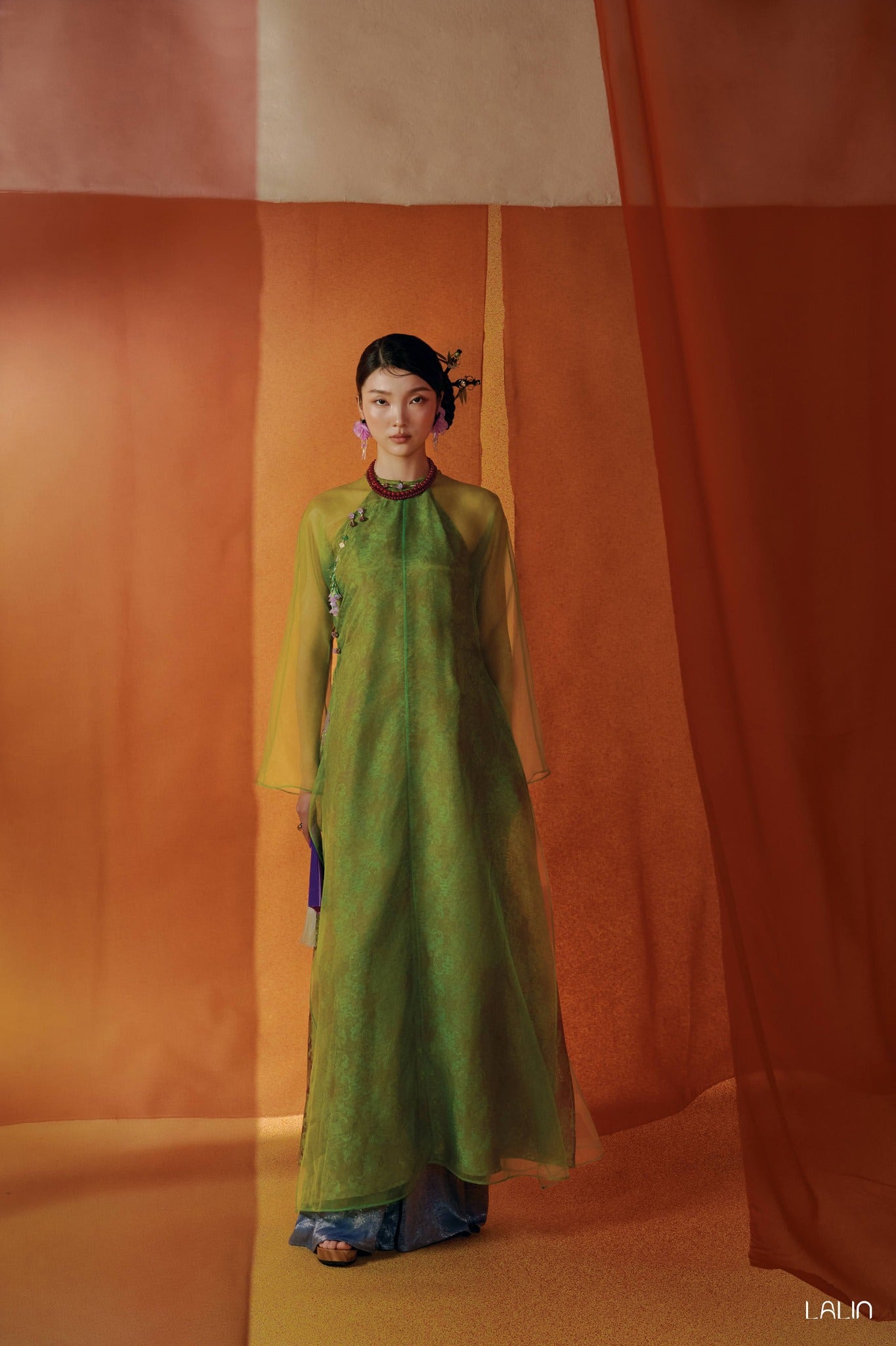 Vietnamese Ao Dai - Khue Tu Ao Dai Set – Doubled Layer in Premium Organza and Wormsilk - front view in green by Lalin