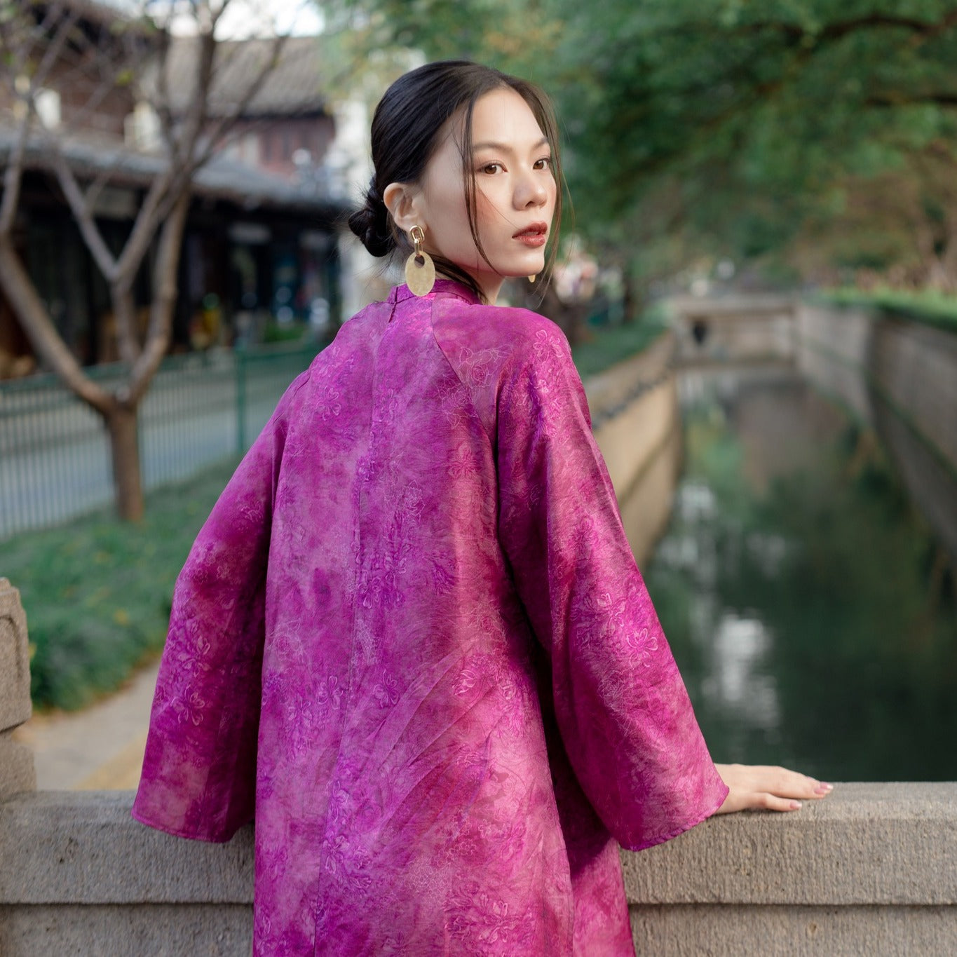 "Hoa Mộc Lan" Ao-dai Set - Tencel Silk with Magnolia pattern in Purple  [Modern Cut] - close-up detail | Vietnamese Luxury Fashion