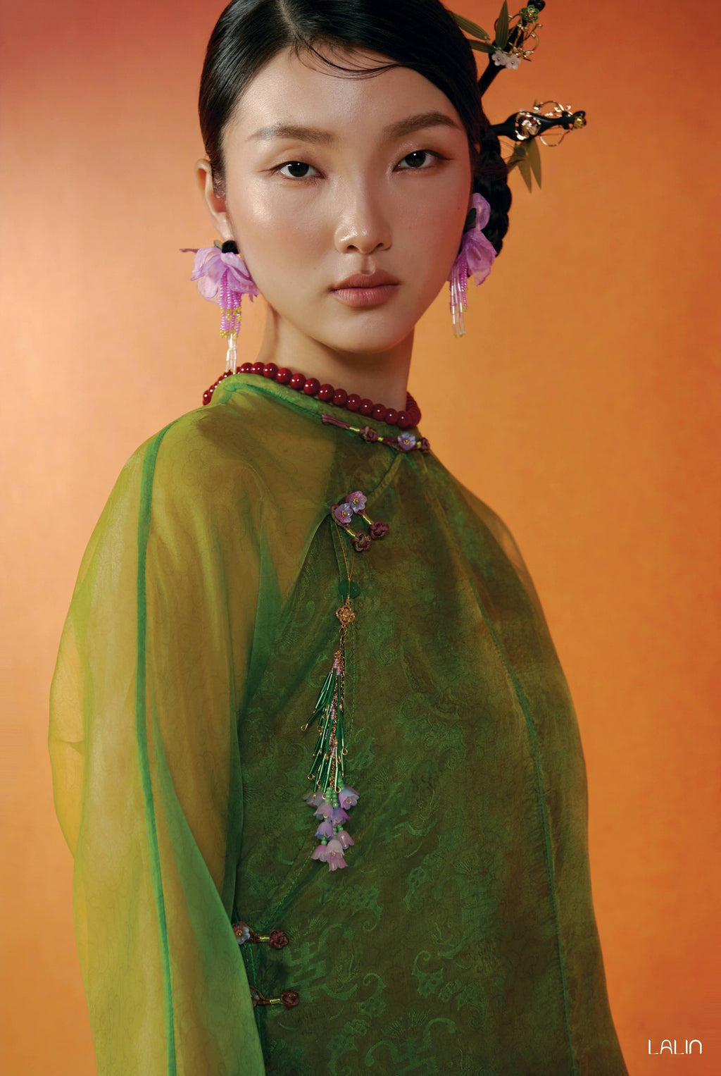 Vietnamese Ao Dai - Khue Tu Ao Dai Set – Doubled Layer in Premium Organza and Wormsilk - front view in green by Lalin