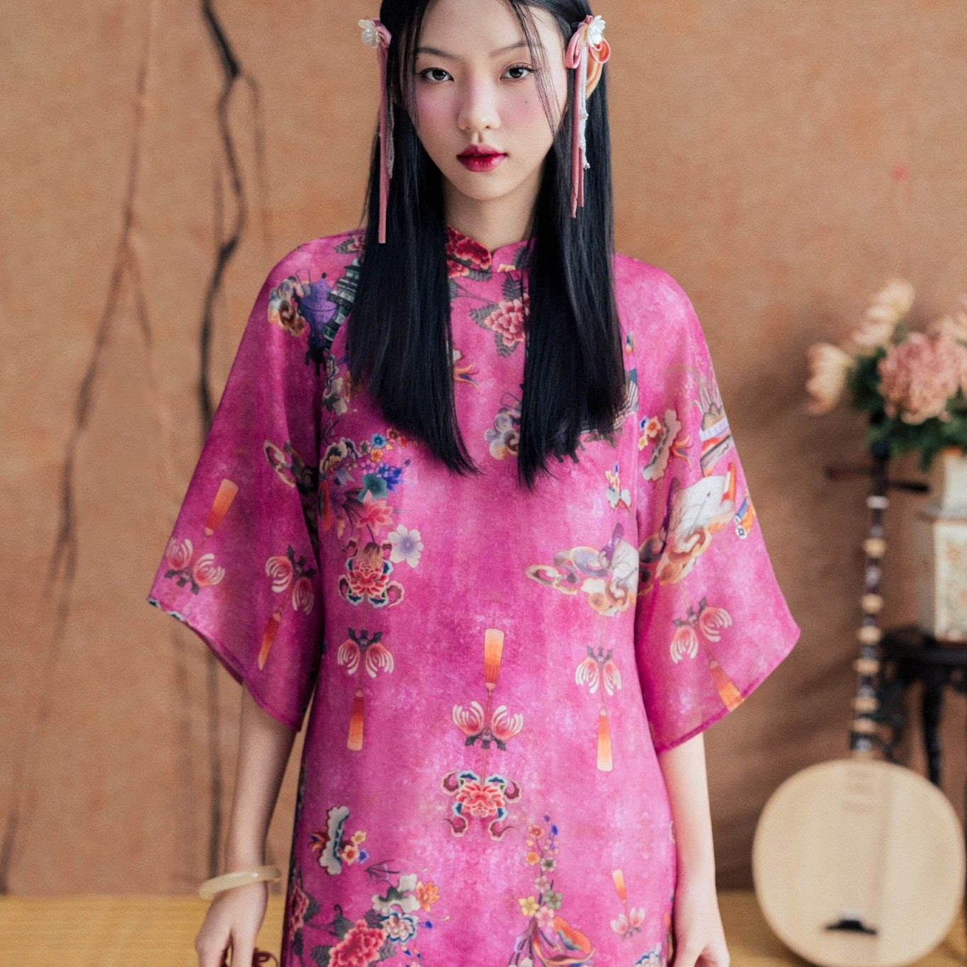 Vietnamese Embroidery - Hồng Dao Ao-dai Top - Printed Chiffon in Bright Pink - front view in silk in pink by Dinh Dang