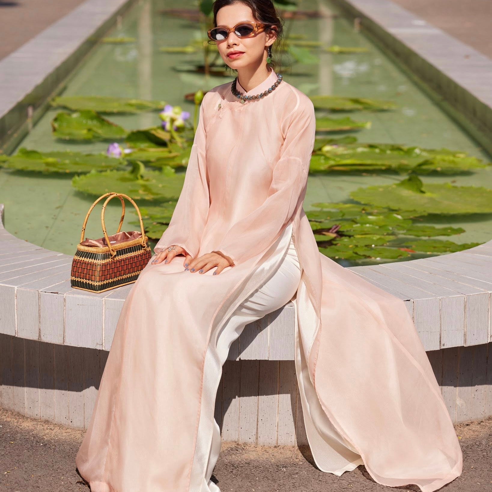 "Tràng An" Ao-dai set - Luxury Organza in Blush - front view | Vietnamese Luxury Fashion