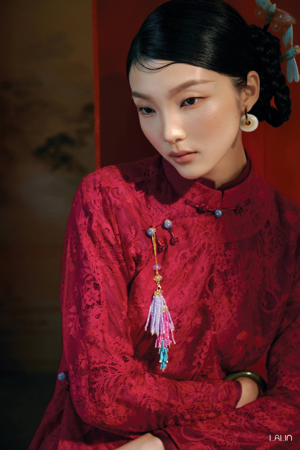 Vietnamese Ao Dai - Nha Khue Ao Dai Set – Doubled Layers in Lace and Wormsilk - front view in red by Lalin