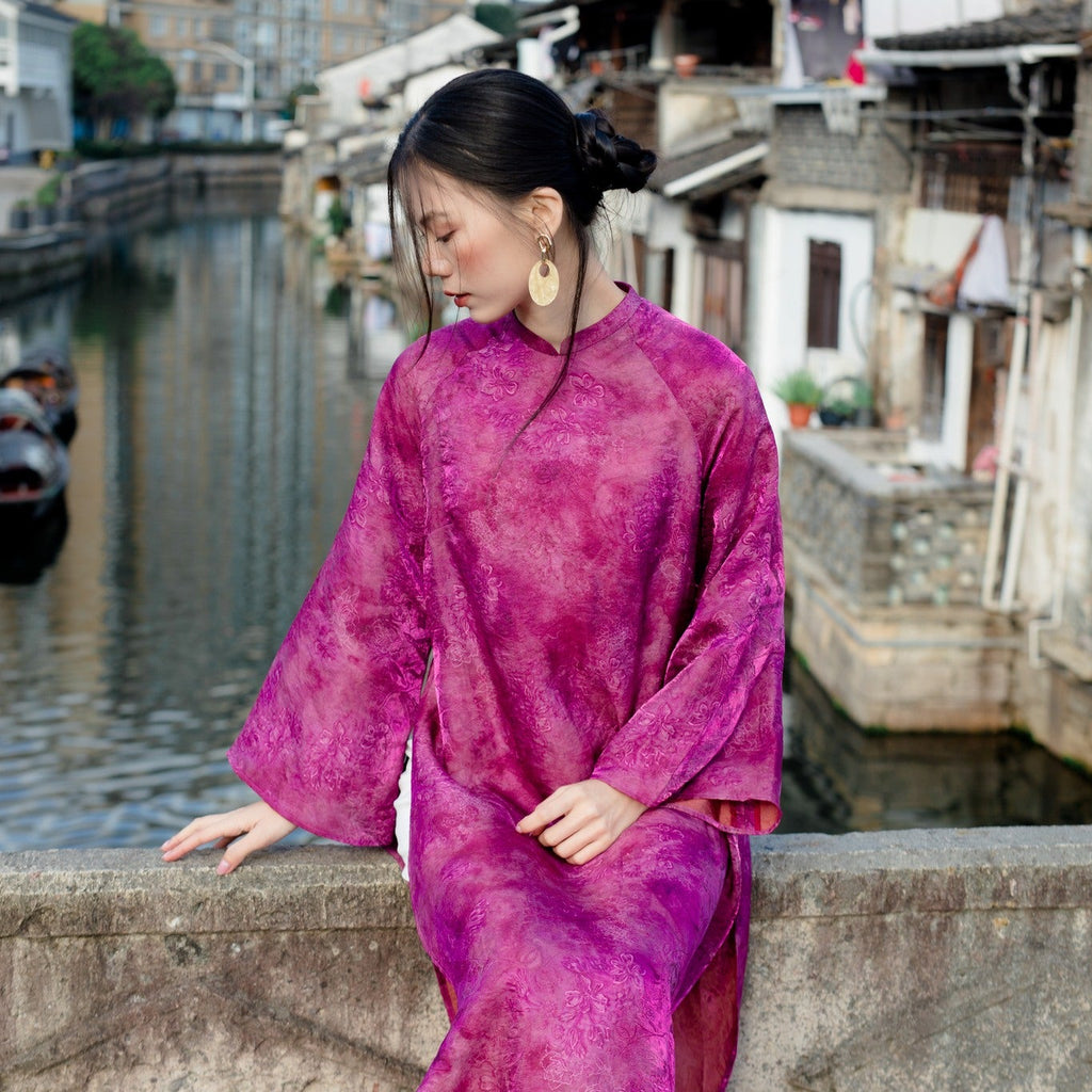 Hoa Mộc Lan Ao-dai Set - Tencel Silk with Magnolia pattern in Purple [Modern Cut] - styled presentation by Moc