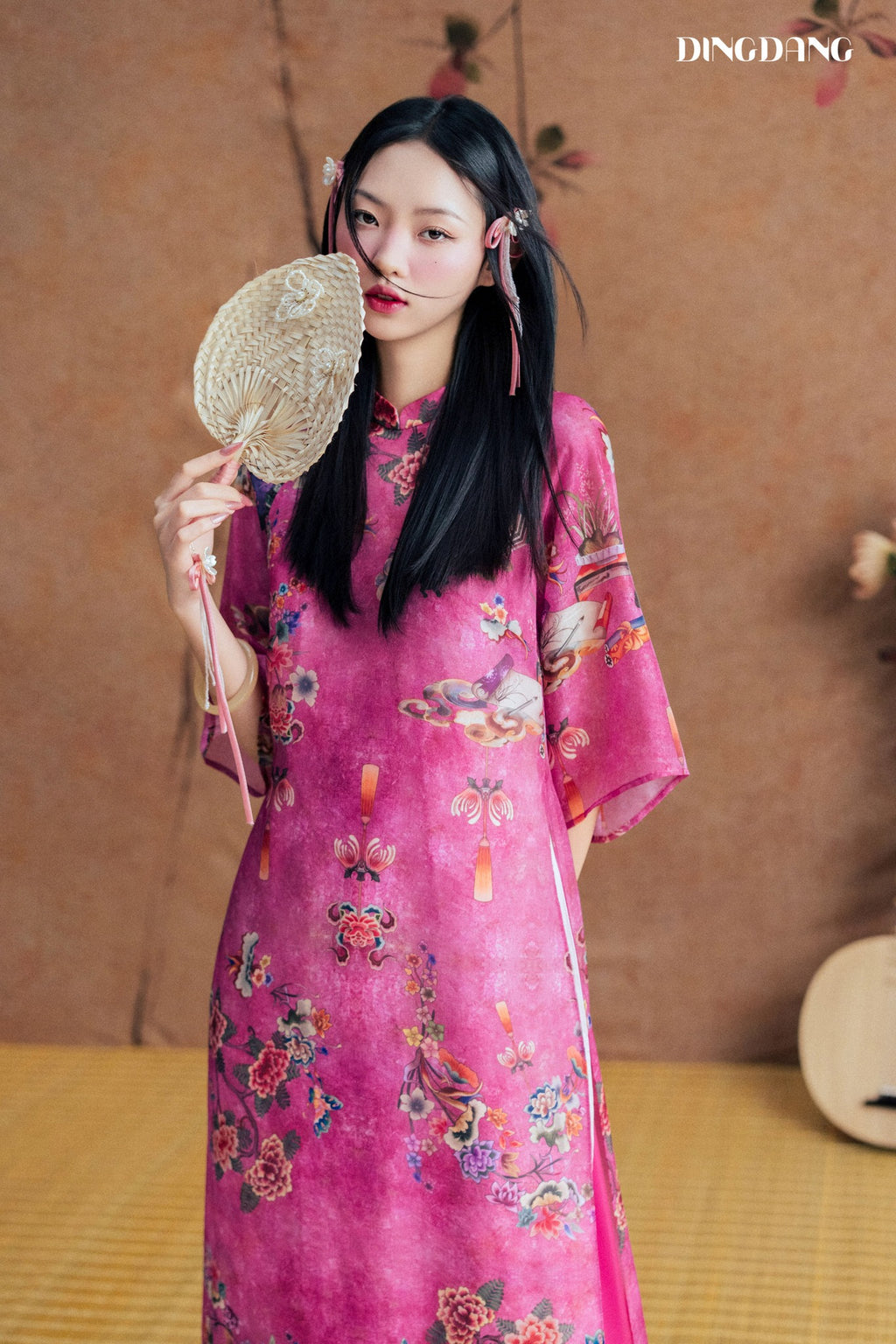 Vietnamese Ao Dai - Hồng Dao Ao-dai Top - Printed Chiffon in Bright Pink - front view in silk in pink by Dinh Dang