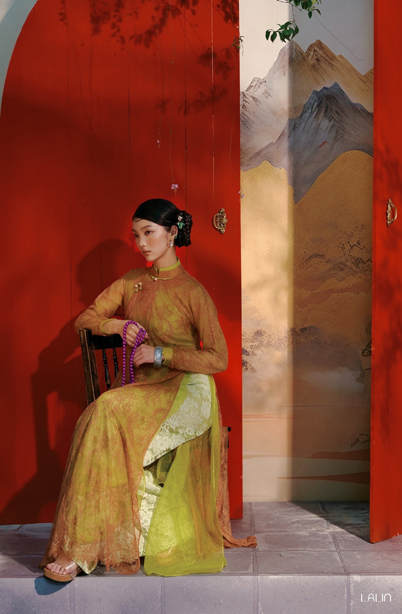 Vietnamese Ao Dai - Khue Anh Ao Dai Set – Doubled Layers in Lace and Wormsilk - side profile in yellow by Lalin