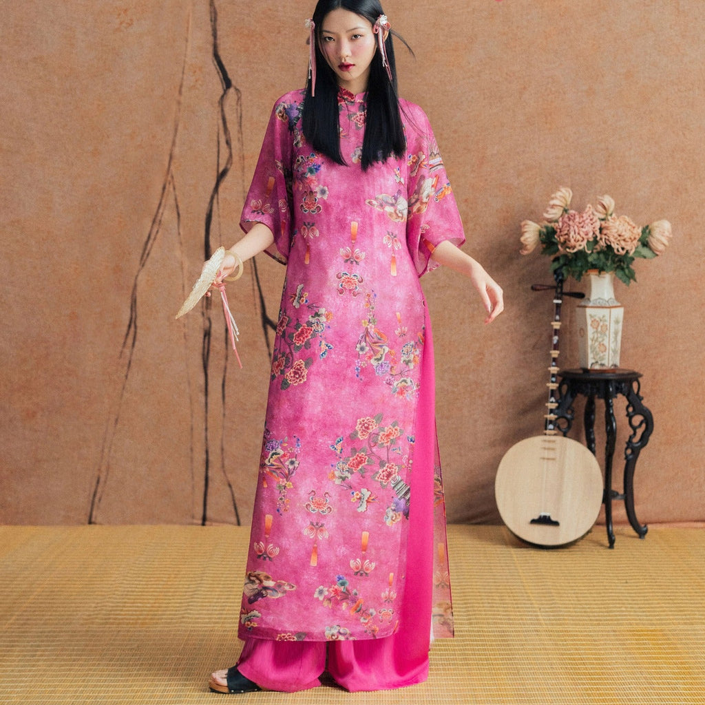 Vietnamese Ao Dai - Hồng Dao Ao-dai Top - Printed Chiffon in Bright Pink - front view in silk in pink by Dinh Dang