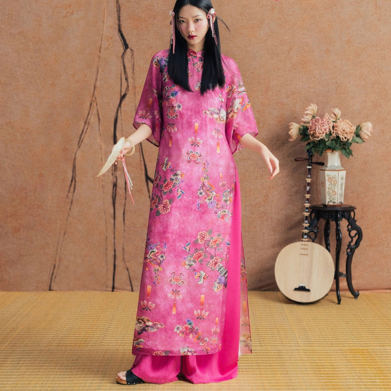Vietnamese Ao Dai - Hồng Dao Ao-dai Top - Printed Chiffon in Bright Pink - front view in silk in pink by Dinh Dang