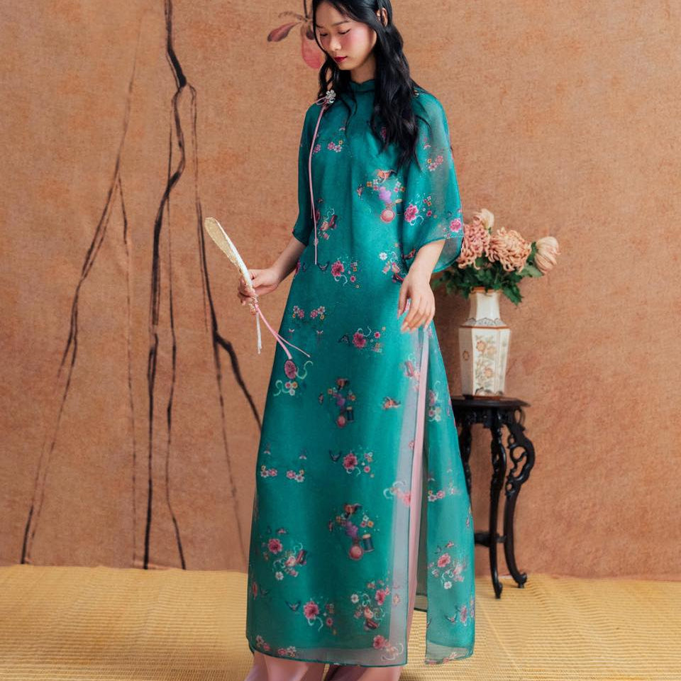 Vietnamese Ao Dai - Thanh Dao Ao-Dai Top - Printed Chiffon - front view in silk in teal by Dinh Dang