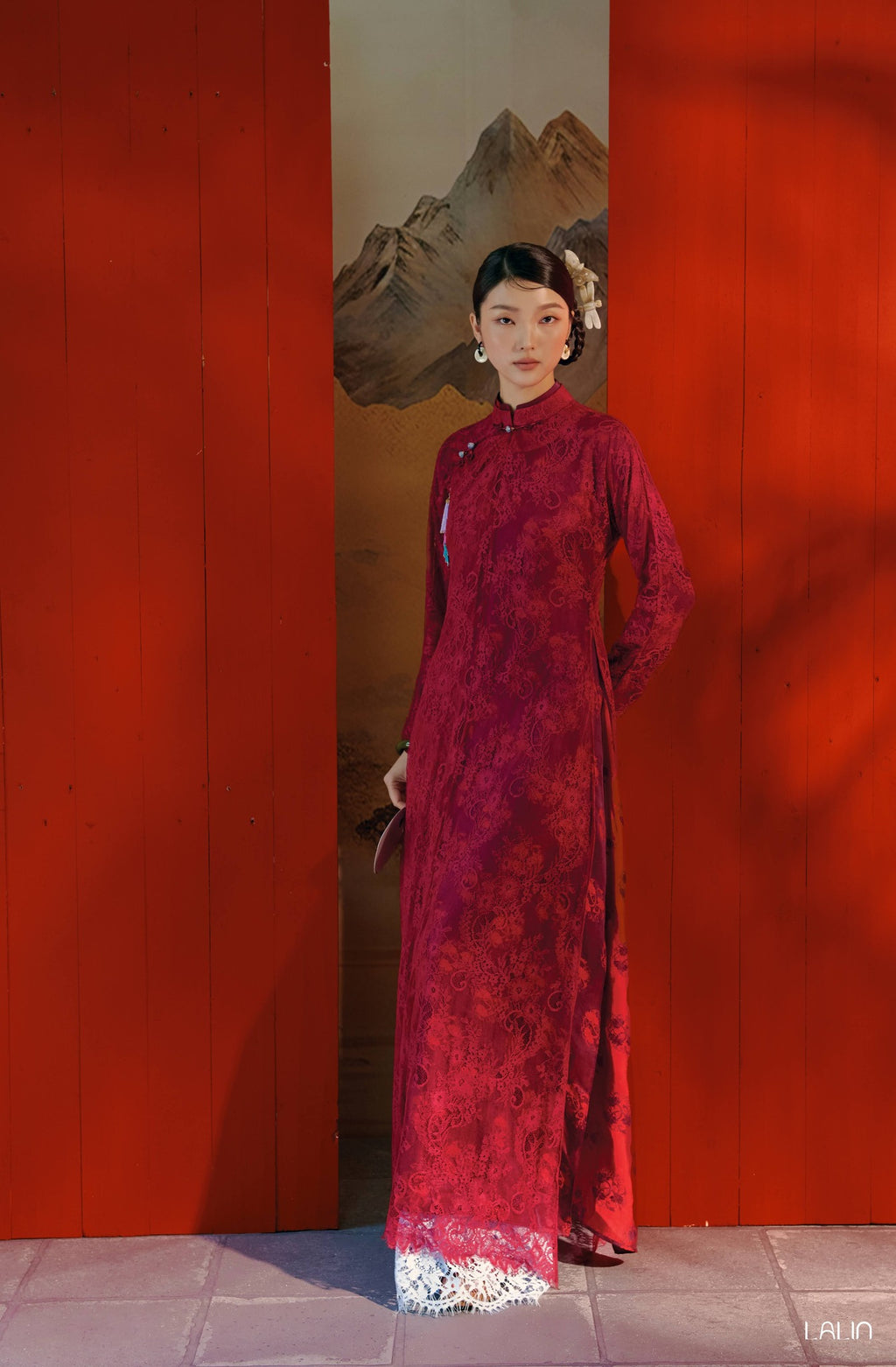 Vietnamese Ao Dai - Nha Khue Ao Dai Set – Doubled Layers in Lace and Wormsilk - front view in red by Lalin