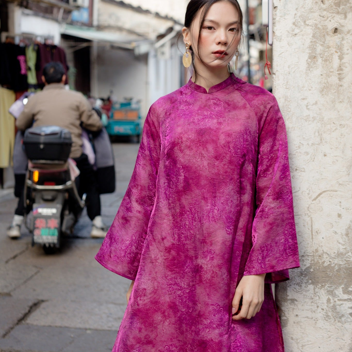 "Hoa Mộc Lan" Ao-dai Set - Tencel Silk with Magnolia pattern in Purple  [Modern Cut] - front view | Vietnamese Luxury Fashion