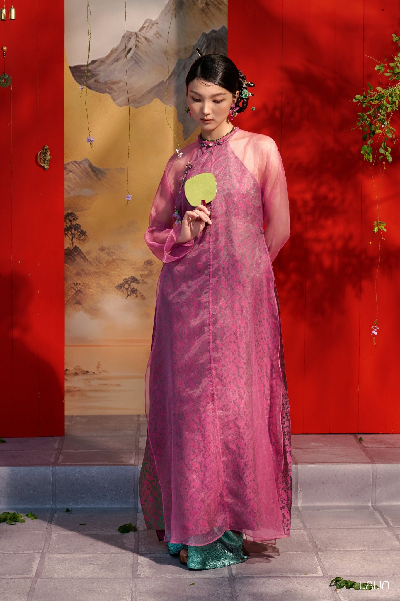 Vietnamese Ao Dai - Mai Khue Ao Dai Set – Doubled Layer in Premium Organza and Wormsilk - front view in pink by Lalin