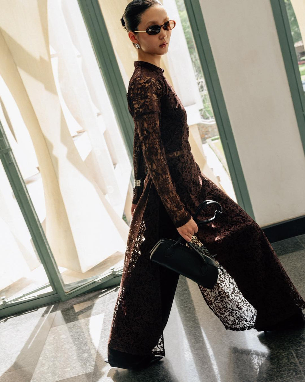 [Limited Edition] Dusk Serenity Ao Dai Set – Luxury Lace with velvet pants - side profile by Entropy Boutique