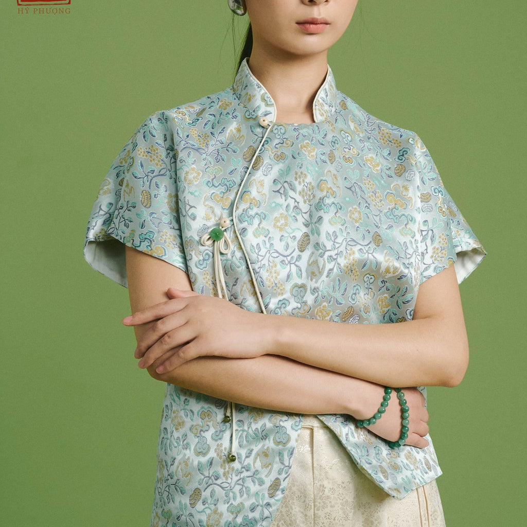 "Spring Bloom" – Embroidered Brocade Top in Mint - front view | Vietnamese Luxury Fashion