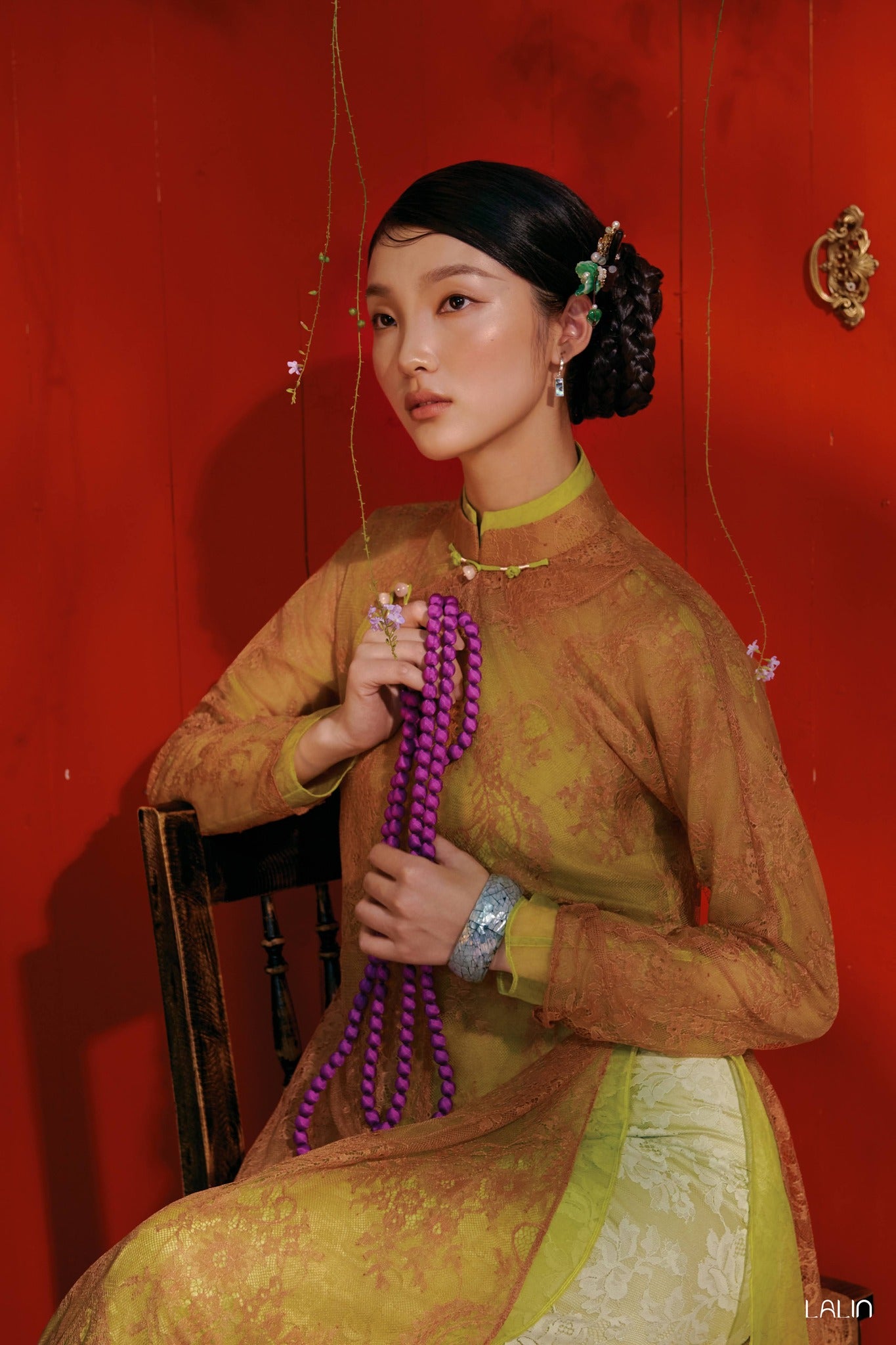 Vietnamese Ao Dai - Khue Anh Ao Dai Set – Doubled Layers in Lace and Wormsilk - front view in yellow by Lalin