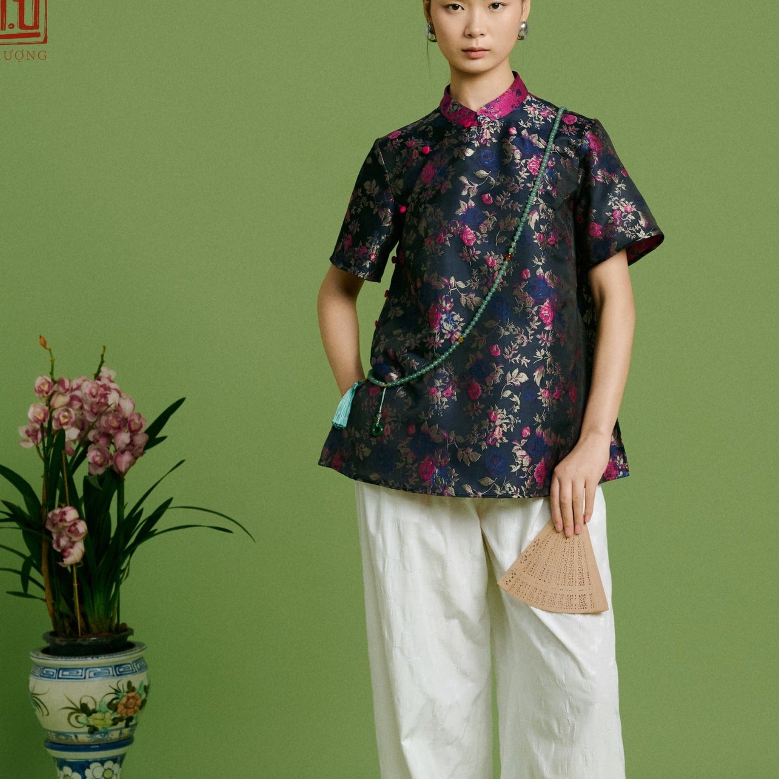 Vietnamese Ao Dai - Quiet Bloom – Embroidered Brocade Top - front view in dark blue by Hy Phuong