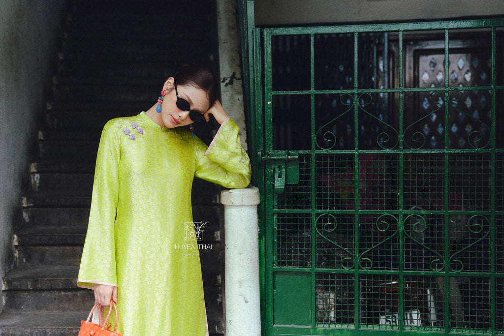 Vietnamese Ao Dai - Thu Y Ao Dai Set - Double-layer in Wormsilk - styled presentation in green by Huyen Thai Collection