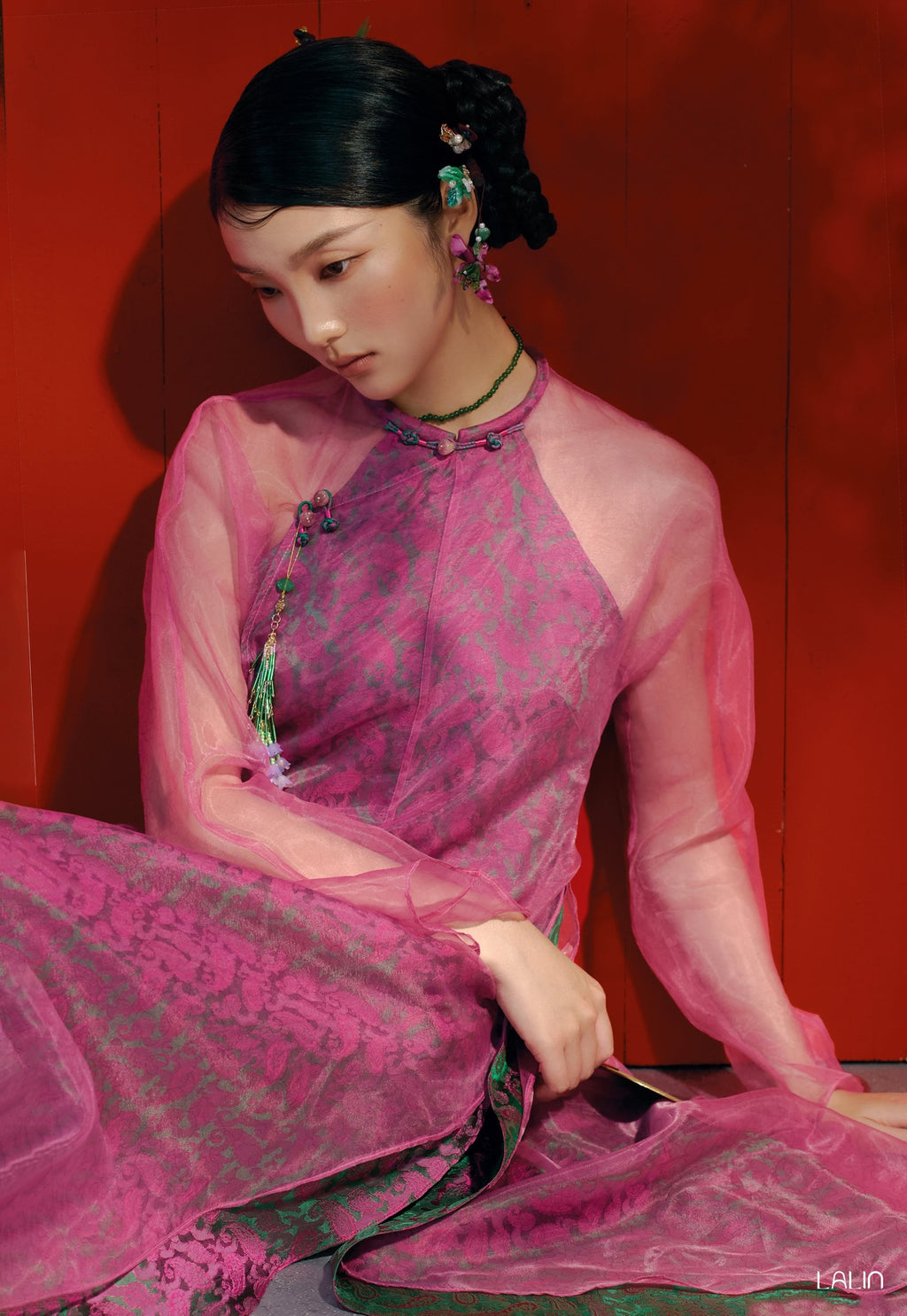 Vietnamese Ao Dai - Mai Khue Ao Dai Set – Doubled Layer in Premium Organza and Wormsilk - front view in pink by Lalin