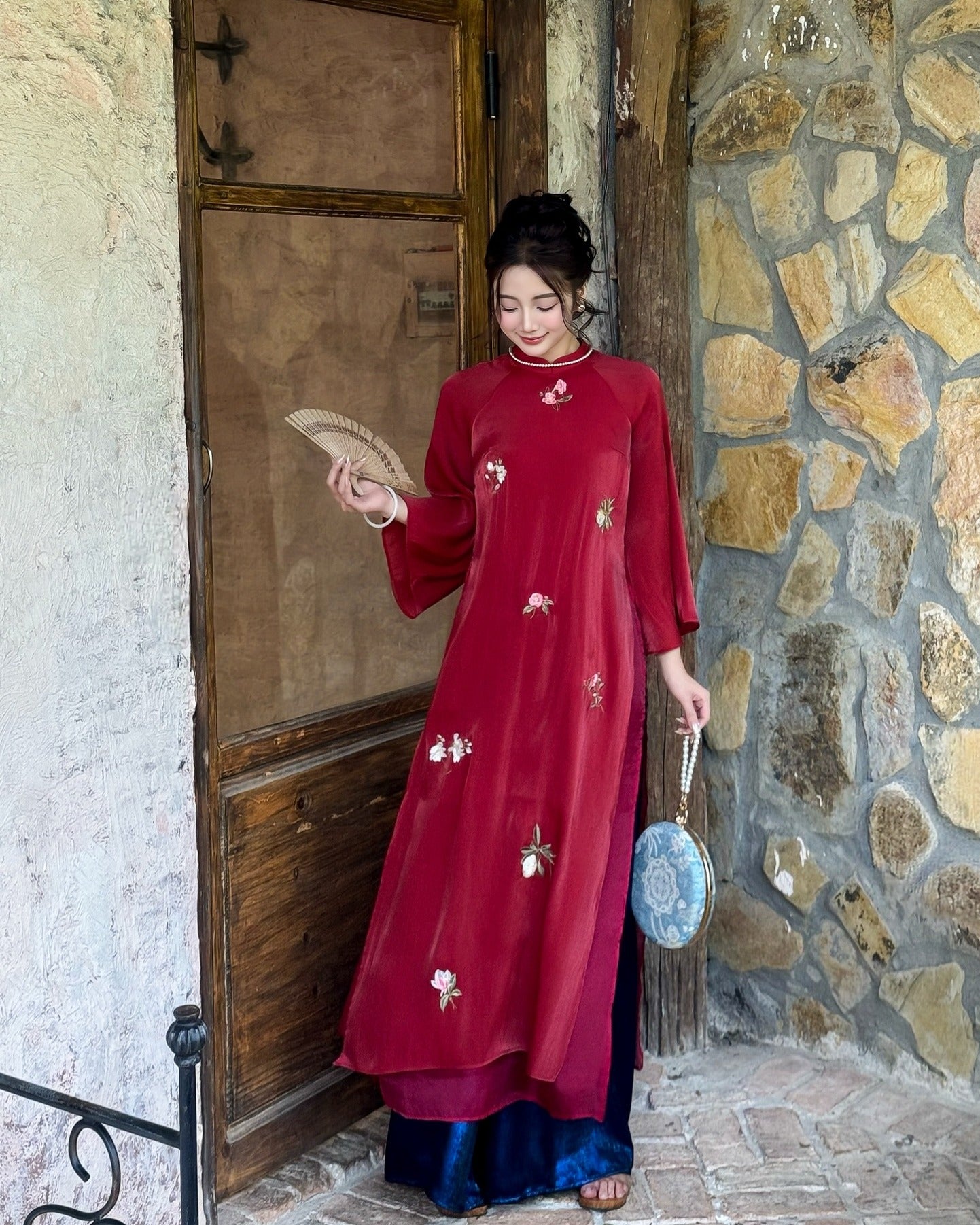 Vietnamese Ao Dai - Xuan Diep Ao-dai Set – Embroidered Silk Áo Dài - front view in burgundy by Moc