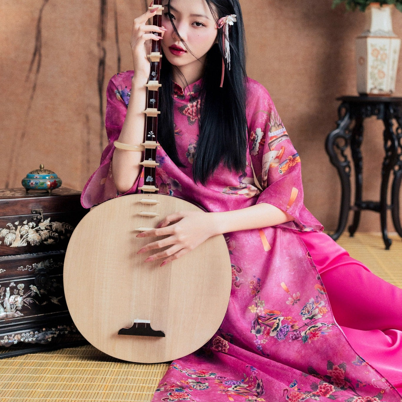 Vietnamese Ao Dai - Hồng Dao Ao-dai Top - Printed Chiffon in Bright Pink - styled presentation in silk in pink by Dinh Dang